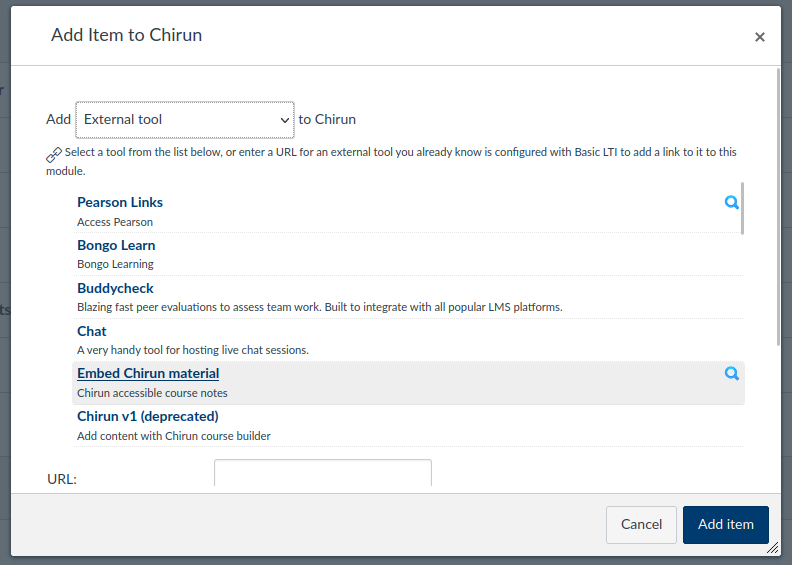 A dialog box headed "Add Item". The select box at the top of the dialog is set to "External Tool". There is a list of external tools underneath, and "Embed Chirun material" is highlighted.