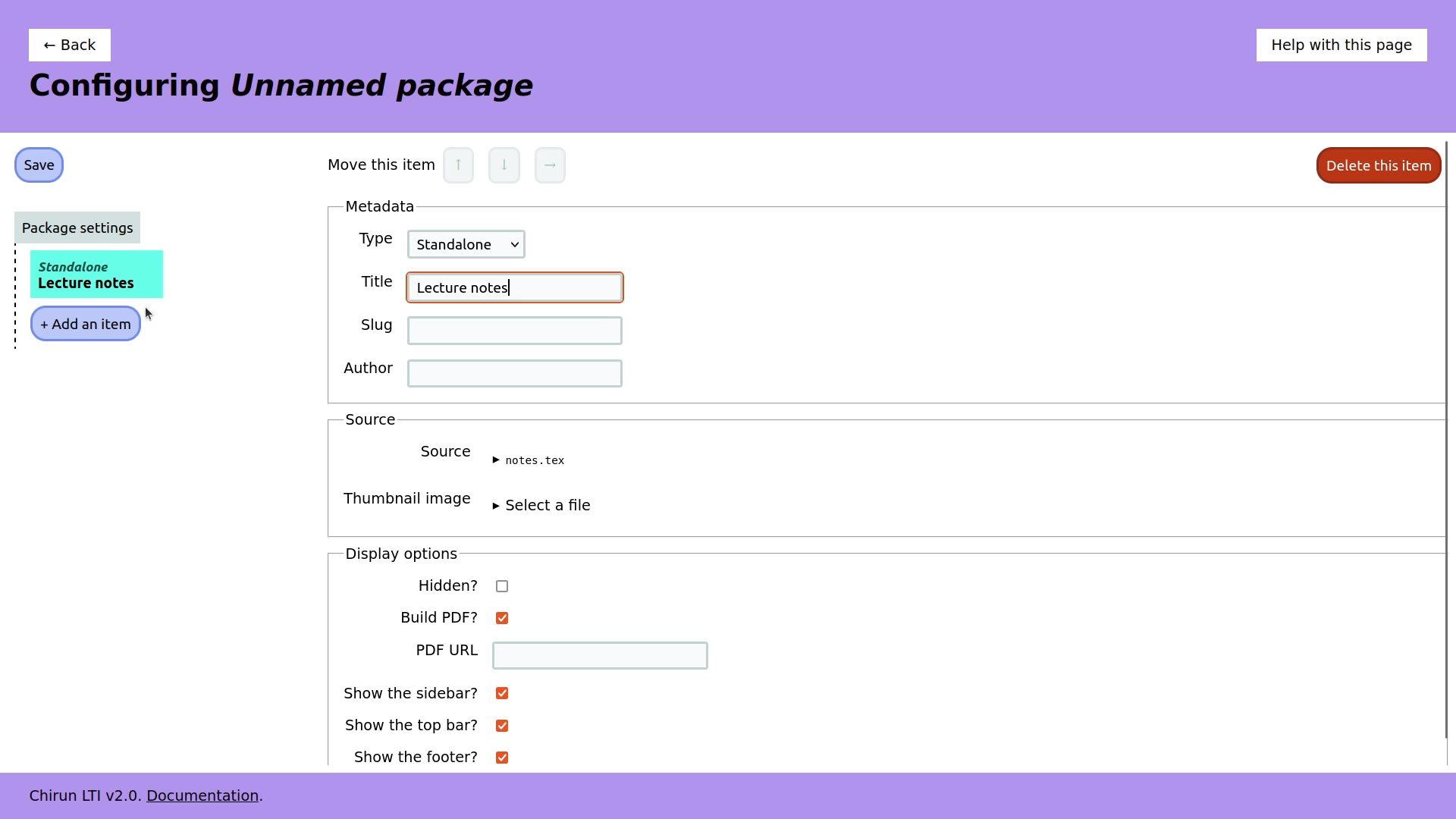 A page titled "Configuring Unnamed package". The item "Lecture notes" is selected, and the form on the right contains fields to do with that item.