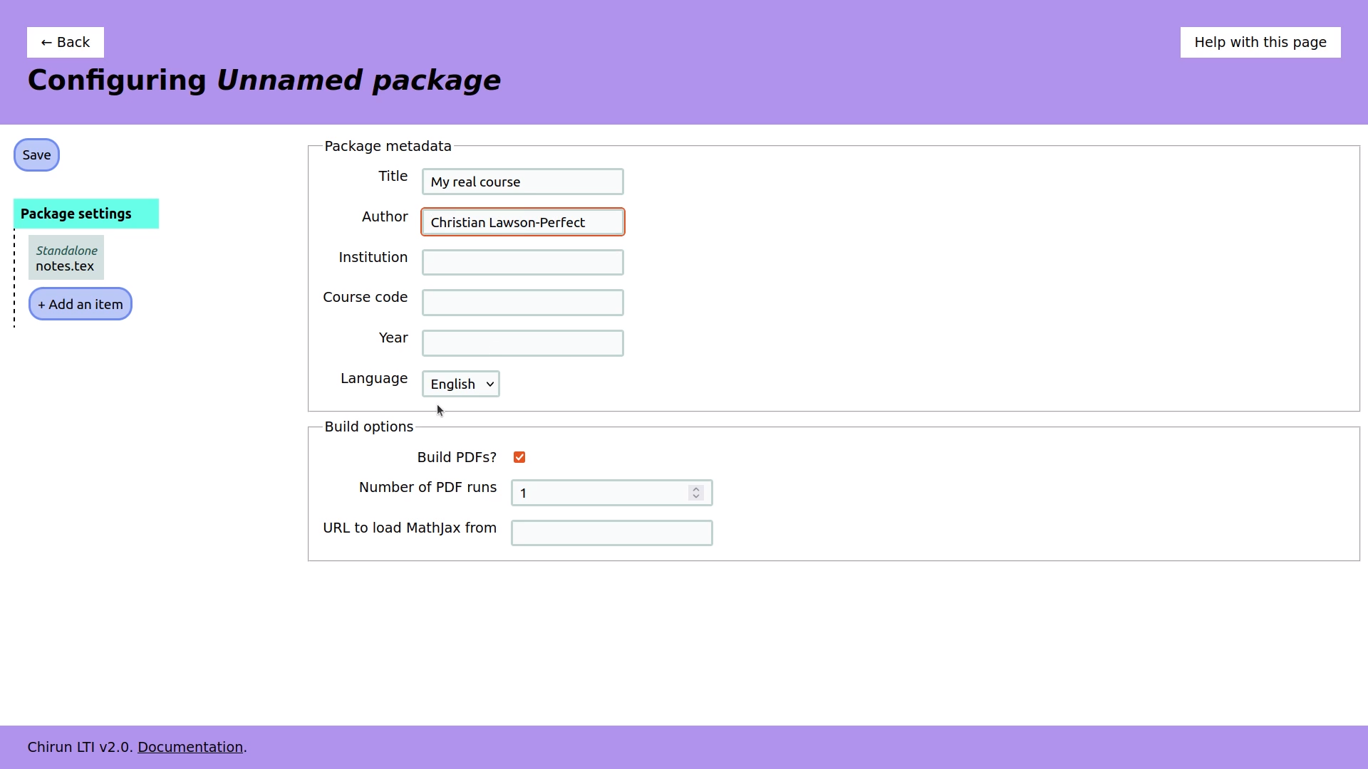 A page titled "Configuring Unnamed package". There is a form with fields for package metadata.