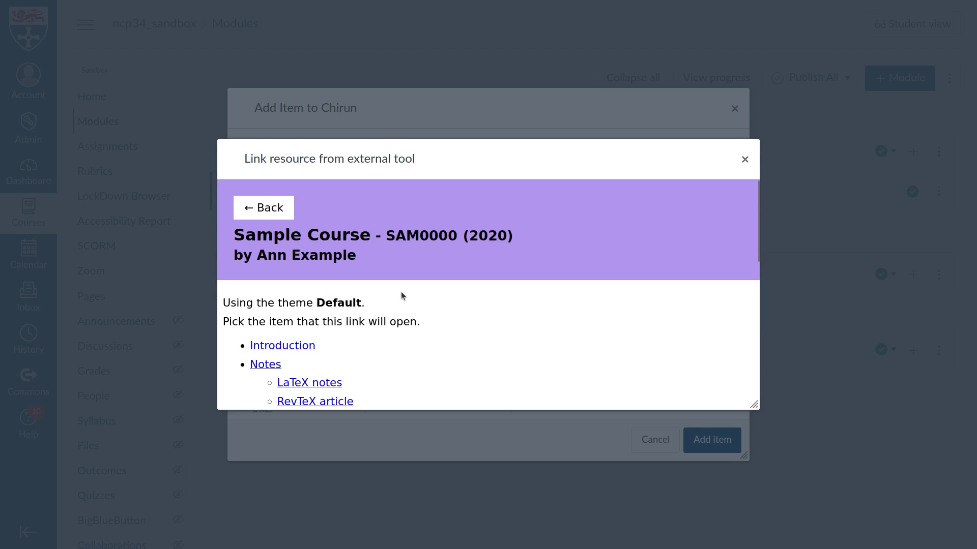 A dialog headed "Sample Course - SAM0000 (2020) by Ann Example". The text reads, "Using the theme Default. Pick the item that this link will open." A list underneath contains several links.