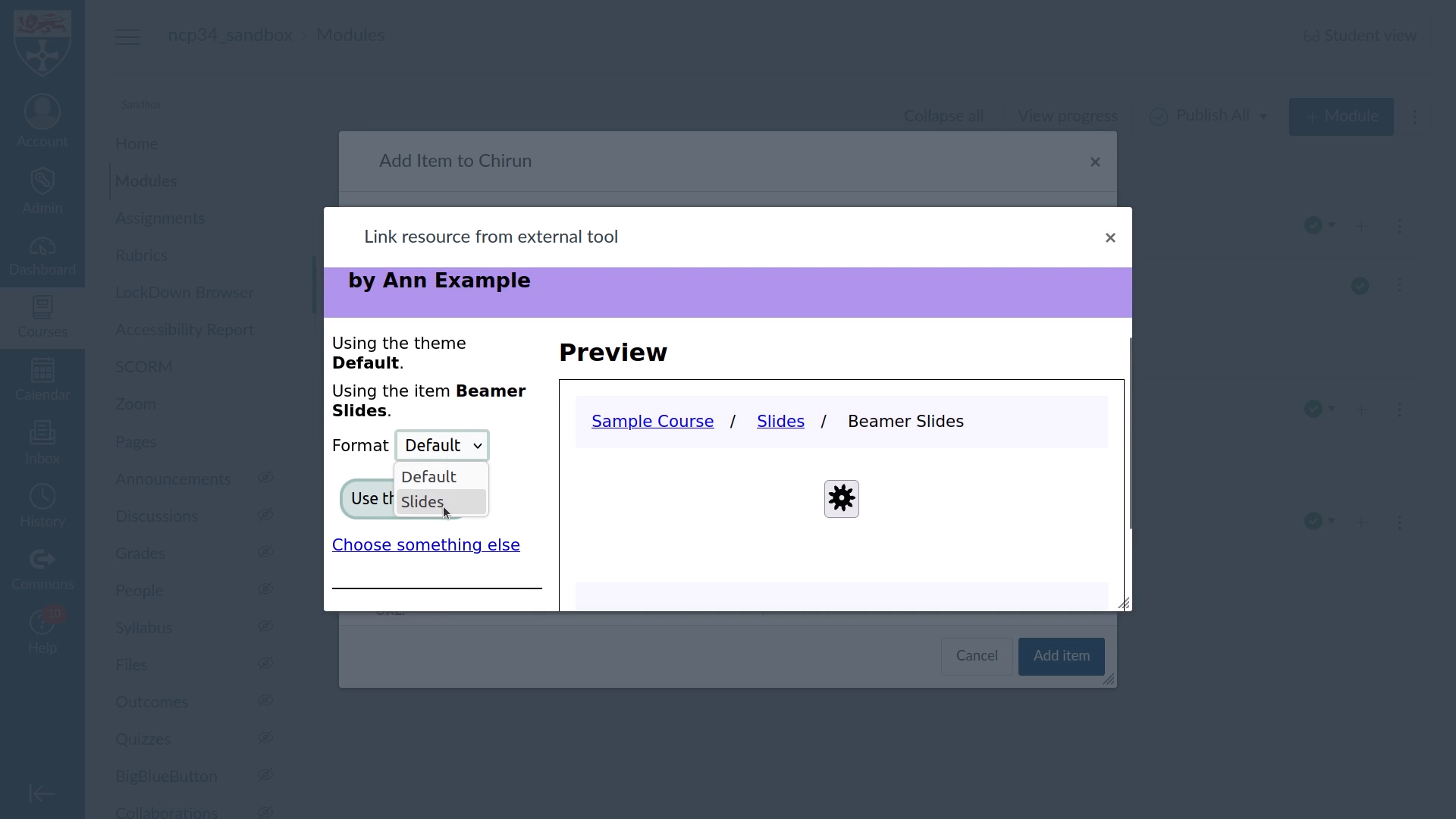 A dialog showing a preview of the selected content, and a select box labelled "Format" with options "Default" and "Slides".