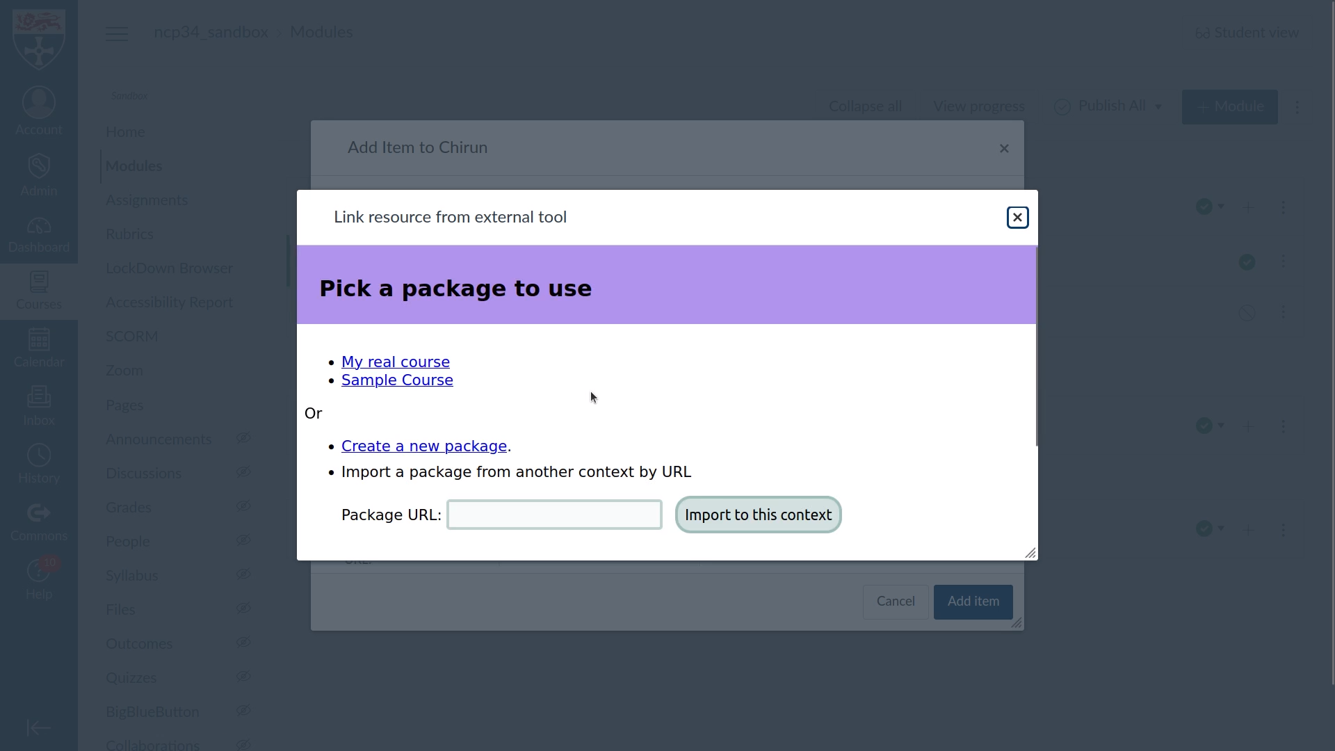 A dialog box containing a list of package titles, followed by a link "Create a new package", and a form labelled "Import a package from another context by URL".