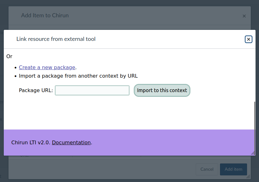 A dialog box containing a link "Create a new package", and a form labelled "Import a package from another context by URL".